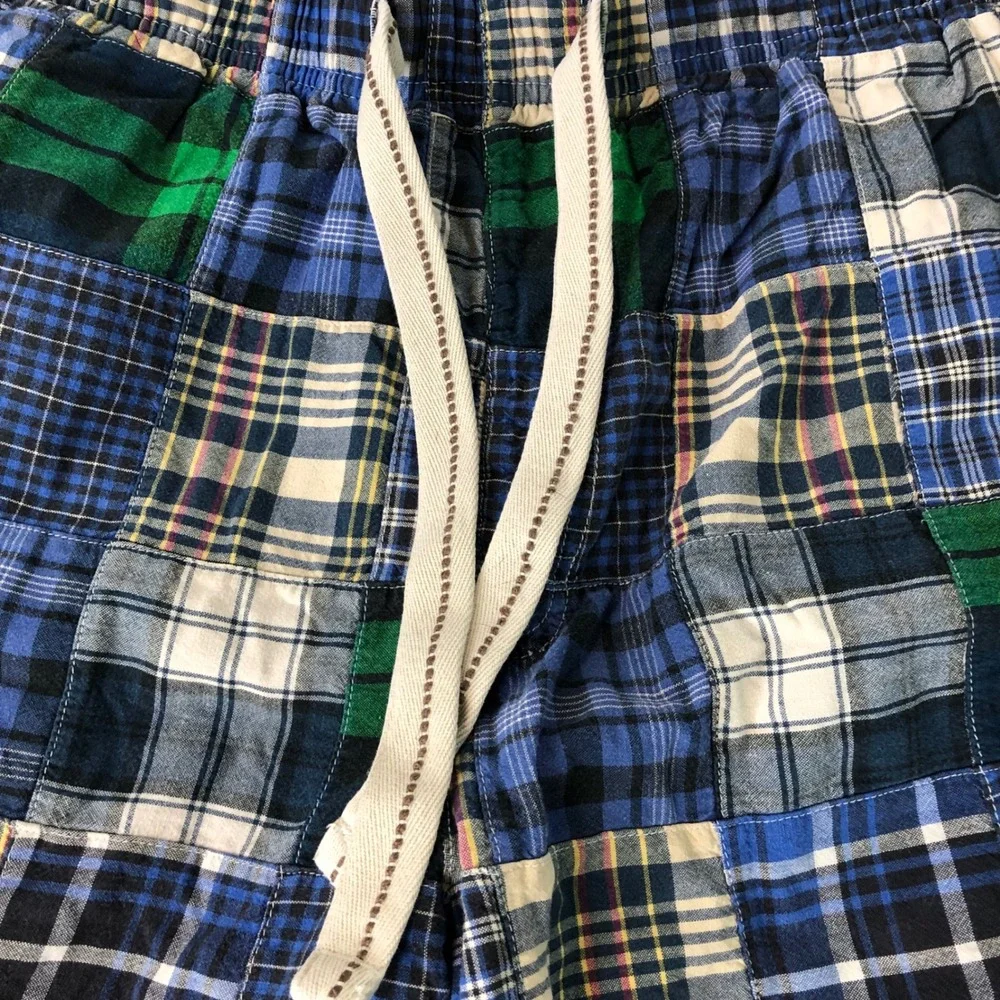 American Eagle Dorm Patchwork Plaid Shorts Mens Medium Blue Madras Longer Length